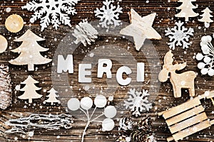 Wooden Christmas Decoration, Merci Means Thank You, Sled And Tree, Snowflakes photo