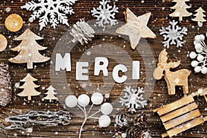 Wooden Christmas Decoration, Merci Means Thank You, Tree And Sled, Snowflakes