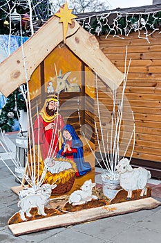 Wooden Christmas nativity scene. Holy family, Baby Jesus, the Virgin Mary and Saint Joseph