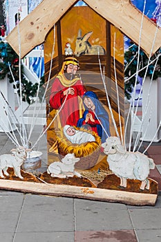 Wooden Christmas nativity scene. Holy family, Baby Jesus, the Virgin Mary and Saint Joseph