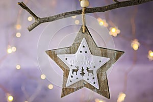 Wooden Christmas star ornament with reindeers hanging on dry tree branch. Shining garland golden lights. Beautiful background