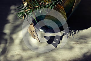 Wooden Christmas tree toy on fir branches, hard shadow. Christmas still life. Rustic style