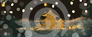 Wooden Christmas Trees, Snow, Magic Lights And Bokeh Background photo