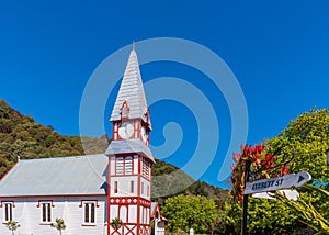 Wooden Church in Founders Park, New Zealand. Copy space for text