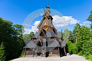 Wooden church â€œGol Stave stavkyrkjeâ€ in the city of Oslo in Norway Europe on island