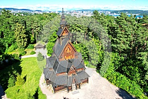 Wooden church â€œGol Stave stavkyrkjeâ€ in the city of Oslo in Norway Europe on island aerial view