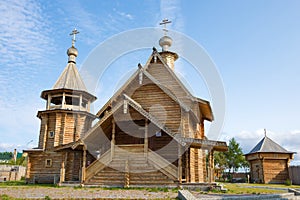 A wooden church in the historical complex `Obdorsk fortress`. Salekhard