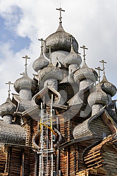 Wooden church at Kizhi under reconstruction