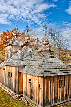 Wooden church in Korejovce during autumn