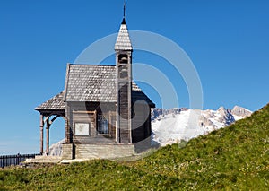 wooden church Mount Marmolada Alps Dolomites mountains