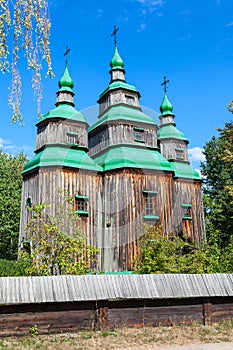 Wooden church in Pirogovo village near Kiev, Ukraine.