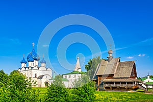 Wooden Church of St. Nicholas near Kremlin in Suzdal, Russia. Summer sunny day