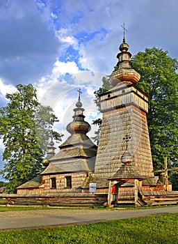 Wooden church in village of Kwiaton in summer, Low Beskids Beskid Niski, Poland