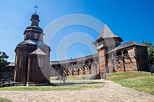 Wooden church and wall inside Citadel of Baturin Fortress