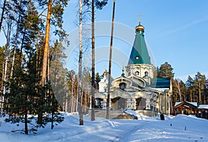 Wooden church in the woods in winter Ural Ekaterinburg Ganin Yama