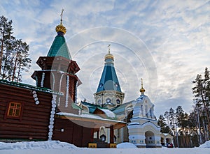 Wooden church in the woods in winter Ural Ekaterinburg Ganin Yama