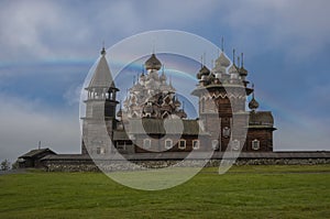 Wooden churches and bell tower of Kizhi Pogost  on Kizhi Island at Lake Onega,  Karelia Russia  against the background of the rain