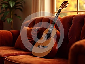 Wooden classic guitar on sofa