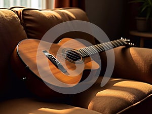 Wooden classic guitar on sofa