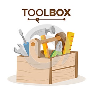 Wooden Classic Toolbox Vector. Full Of Equipment. Flat Cartoon Isolated Illustration