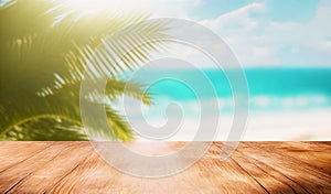 Wooden clean table or wooden floor against the backdrop of sea palm leaves and clouds and sun glare.