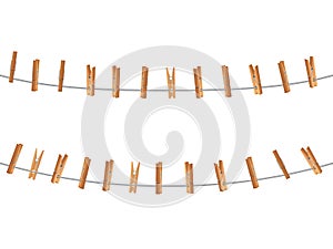 Wooden clips, clothespin on clothesline holding rope isolated. Laundry and housework vector concept photo