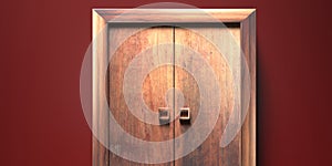 Wooden closed door. Traditional, vintage, entrance with door knobs against bordeaux color wall background, texture. 3d