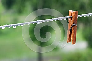 Wooden clothespin in the rain