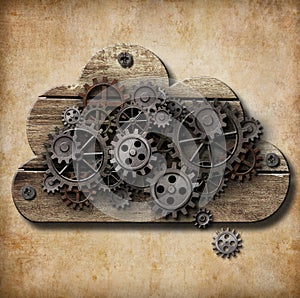 Wooden cloud with rusty gears on grunge background