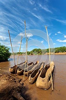 Wooden coarse boat on mystical Omo river, Ethiopia