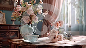 a wooden coffee table with a luxuriously soft pink tablecloth, featuring a tea set elegantly arranged in calming