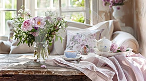 a wooden coffee table with a luxuriously soft pink tablecloth, featuring a tea set elegantly arranged in calming