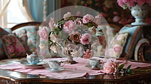 a wooden coffee table with a luxuriously soft pink tablecloth, featuring a tea set elegantly arranged in calming