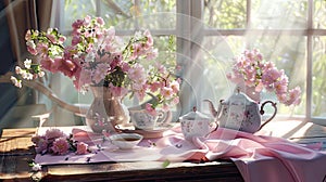a wooden coffee table with a luxuriously soft pink tablecloth, featuring a tea set elegantly arranged in calming