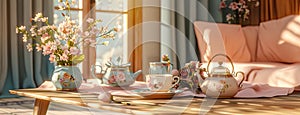 a wooden coffee table with a luxuriously soft pink tablecloth, featuring a tea set elegantly arranged in calming