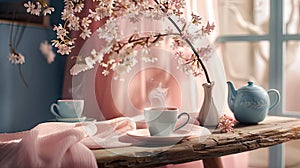 a wooden coffee table with a luxuriously soft pink tablecloth, featuring a tea set elegantly arranged in calming