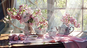 a wooden coffee table with a luxuriously soft pink tablecloth, featuring a tea set elegantly arranged in calming photo