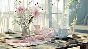 a wooden coffee table with a luxuriously soft pink tablecloth, featuring a tea set elegantly arranged in calming photo