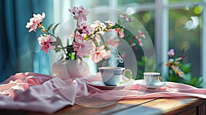 a wooden coffee table with a luxuriously soft pink tablecloth, featuring a tea set elegantly arranged in calming photo