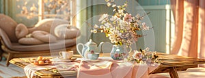 a wooden coffee table with a luxuriously soft pink tablecloth, featuring a tea set elegantly arranged in calming photo