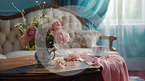 a wooden coffee table with a luxuriously soft pink tablecloth, featuring a tea set elegantly arranged in calming photo