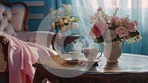 a wooden coffee table with a luxuriously soft pink tablecloth, featuring a tea set elegantly arranged in calming photo