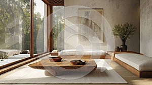 minimalist interior design, the wooden coffee table in the minimalist modern interior adds functionality and style photo