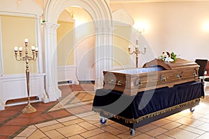 Wooden coffin at funeral in orthodox church