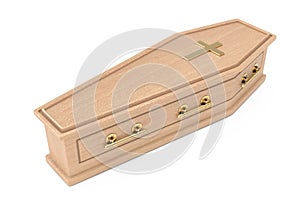 Wooden Coffin With Golden Cross and Handles. 3d Rendering
