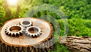 Wooden Cogwheels on Cross Section of a Tree Trunk or a Tree Stump - Generative Ai