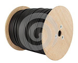 Wooden coil of electric cable isolated white background. .