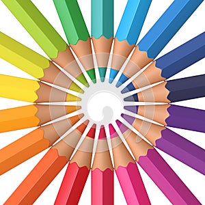 Wooden colored pencils on white background arranged in circle