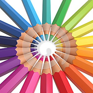 Wooden colored pencils on white background arranged in circle