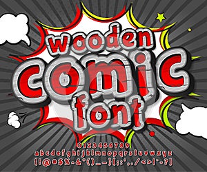 Wooden comics font, alphabet in pop art style